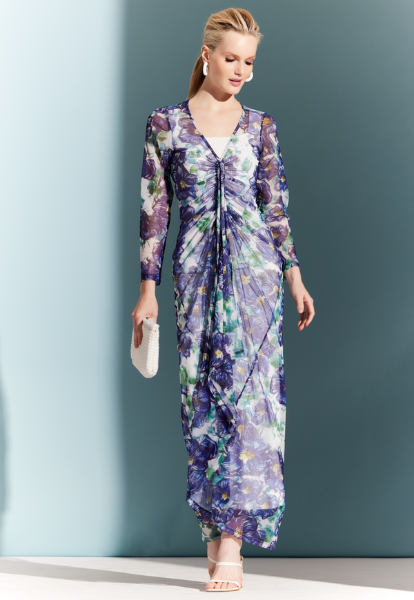 Asher Sheer Dress in Blue Pansies