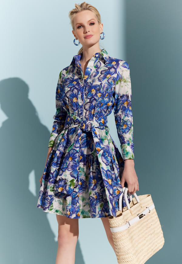 Sally Cotton Dress in Blue Pansies