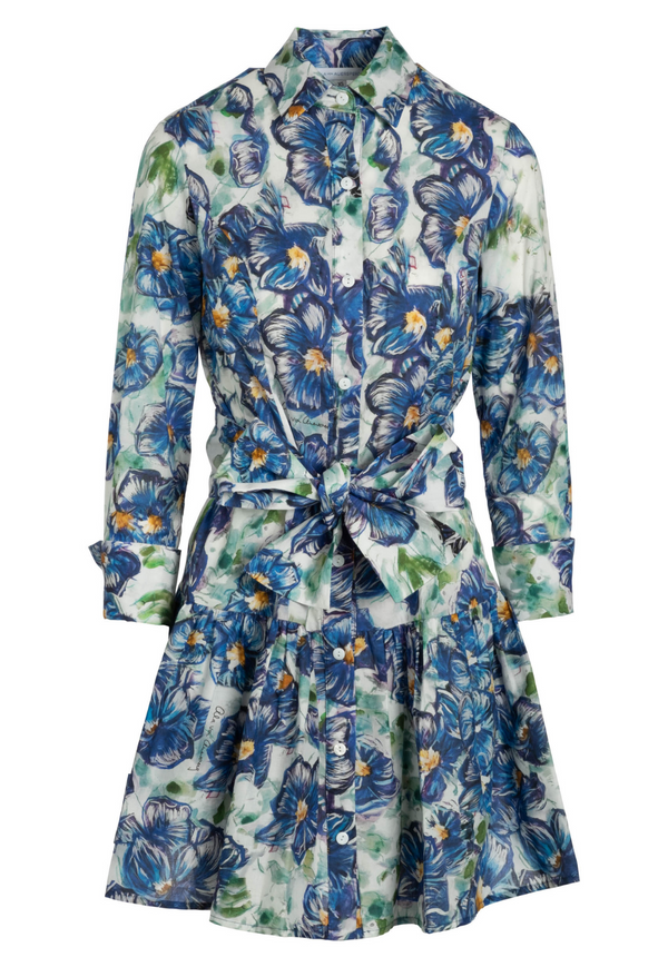 Sally Cotton Dress in Blue Pansies
